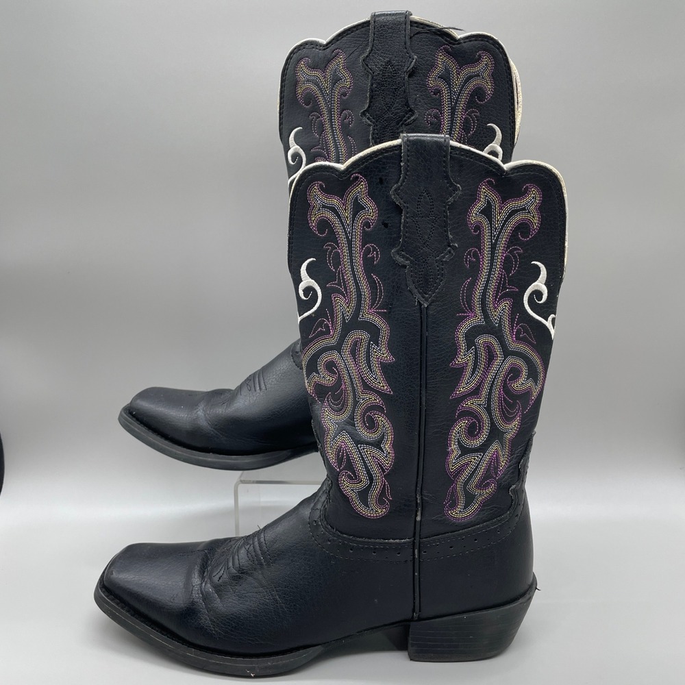 Justin Stampede Western Cowboy Boots Kids 3.5D Black Purple Heart Square Toe - Picture 3 of 9